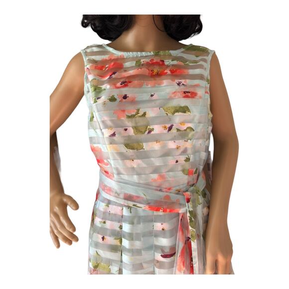 NWT Floral Striped Sheer sleeveless mint coral Sandra Darren dress size 8 - Picture 3 of 16